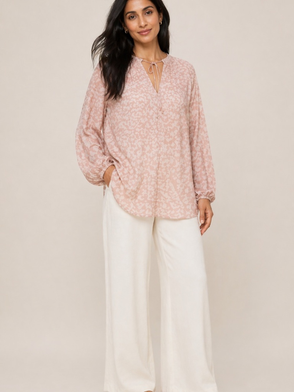 Vince Dusty Rose Floral Tie-Neck Blouse